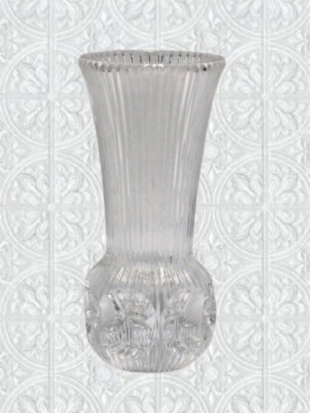 VINTAGE FOSTORIA MELISSA LEAD CRYSTAL BUD VASE RIBBED THUMBPRINT BASE 4.75"